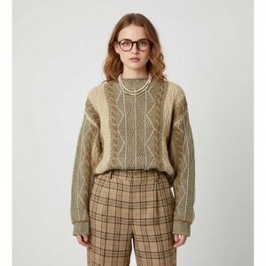 VTG Beige Tan Long Cable Knit Sweater SzM/L Grandmacore Granny Chic Granola Girl